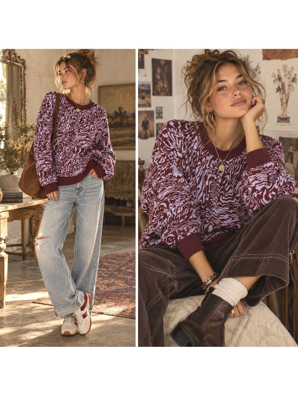 Madewell Sweatshirt Burgundy Lavender Abstract Pullover Sz Small Dopamine